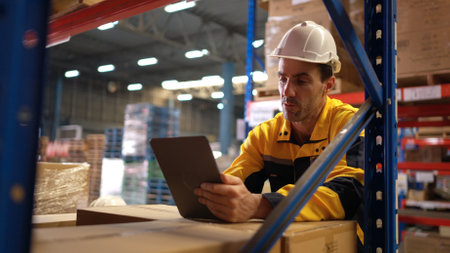 Warehouse workers are reviewing the list of items based on the documentationの写真素材