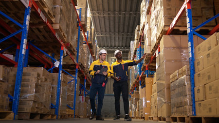 Two warehouse workers are reviewing the list of items based on the documentationの写真素材