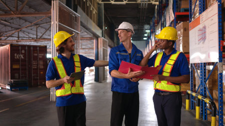 A bunch of warehouse workers are reviewing the list of items based on the documentationの写真素材