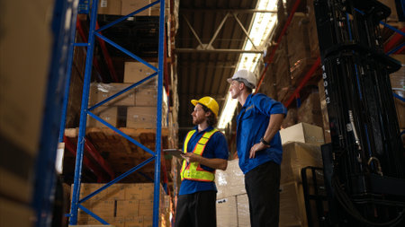 A bunch of warehouse workers are reviewing the list of items based on the documentationの写真素材