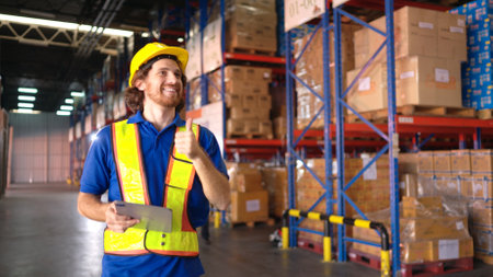 Portrait of warehouse workers are reviewing the list of items based on the documentationの写真素材