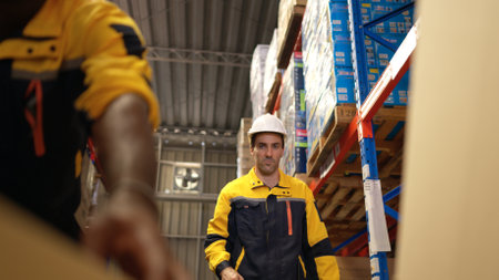 Two warehouse workers are lifting boxes of merchandise on a pallet jack to store on a shelf in a warehouseの写真素材