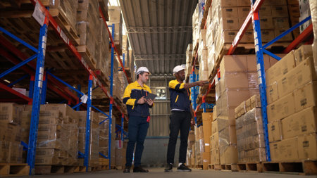 Two warehouse workers are reviewing the list of items based on the documentationの写真素材