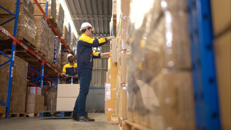 Two warehouse workers are lifting boxes of merchandise on a pallet jack to store on a shelf in a warehouseの写真素材