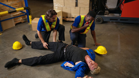 A group of warehouse workers were involved in an accident while on duty, Coworkers offered assistance and first aidの写真素材