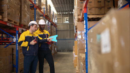 Two warehouse workers are reviewing the list of items based on the documentationの写真素材