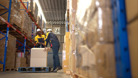 Two warehouse workers are lifting boxes of merchandise on a pallet jack to store on a shelf in a warehouseの写真素材