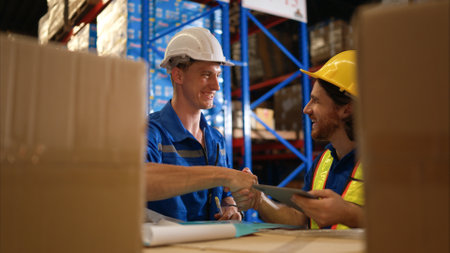 A bunch of warehouse workers are reviewing the list of items based on the documentationの写真素材