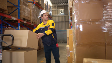 Two warehouse workers are lifting boxes of merchandise on a pallet jack to store on a shelf in a warehouseの写真素材