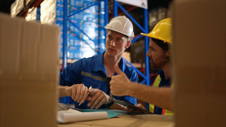 A bunch of warehouse workers are reviewing the list of items based on the documentationの写真素材