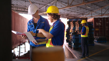 A bunch of warehouse workers are reviewing the list of items based on the documentationの写真素材