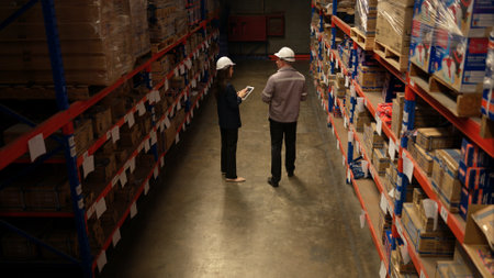 Business woman and warehouse workers are reviewing the list of items based on the documentationの写真素材