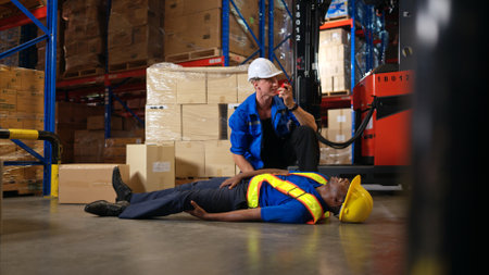 A group of warehouse workers were involved in an accident while on duty, Coworkers offered assistance and first aidの写真素材