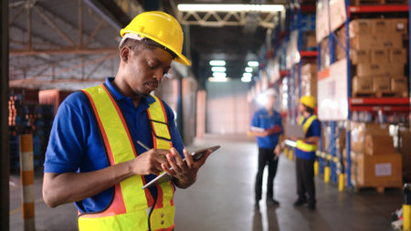 Portrait of warehouse workers are reviewing the list of items based on the documentationの写真素材