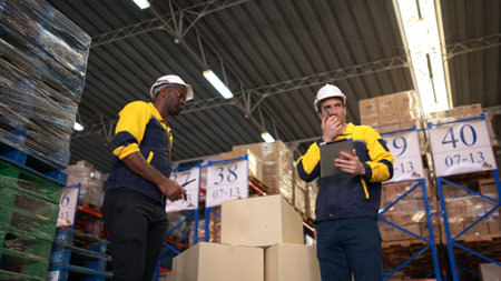Two warehouse workers are reviewing the list of items based on the documentationの写真素材
