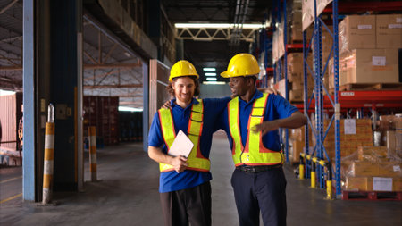 A bunch of warehouse workers are reviewing the list of items based on the documentationの写真素材