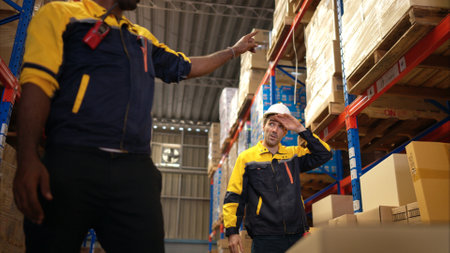 Two warehouse workers are lifting boxes of merchandise on a pallet jack to store on a shelf in a warehouseの写真素材