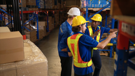 A bunch of warehouse workers are reviewing the list of items based on the documentationの写真素材