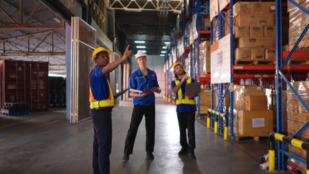 A bunch of warehouse workers are reviewing the list of items based on the documentationの写真素材