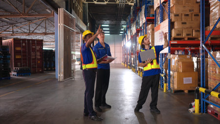 A bunch of warehouse workers are reviewing the list of items based on the documentationの写真素材