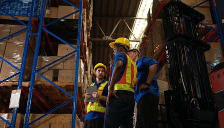 A bunch of warehouse workers are reviewing the list of items based on the documentationの写真素材