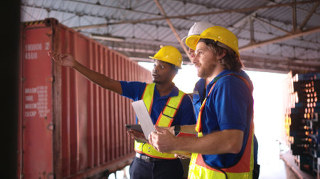 A bunch of warehouse workers are reviewing the list of items based on the documentationの写真素材