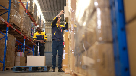 Two warehouse workers are lifting boxes of merchandise on a pallet jack to store on a shelf in a warehouseの写真素材
