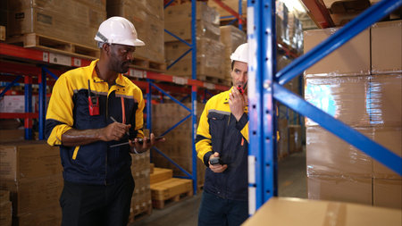 Two warehouse workers are reviewing the list of items based on the documentation