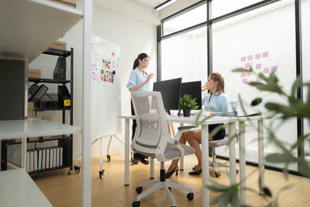In a contemporary office, two young woman entrepreneurs are on a mission to generate ideas and establish a business projectの写真素材