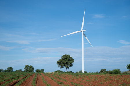 Wind turbines in a wind farm in the countrysideの写真素材
