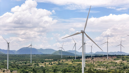 Wind turbines in a wind farm in the countrysideの写真素材