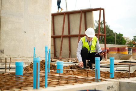 Engineers supervise construction work and inspect the foundation work of residential buildingsの写真素材