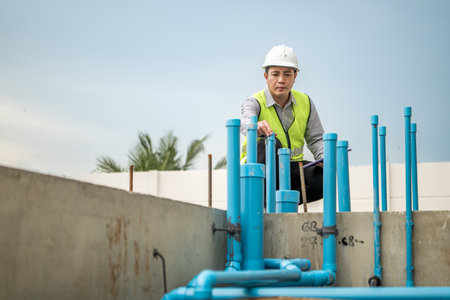Engineers supervise construction work and inspect the foundation work of residential buildingsの写真素材