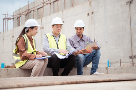 Group of engineers and architecture inspect and supervise the construction of building walls and...