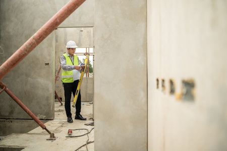 Engineers construction projects inspect and supervise the construction of building walls and foundations of residential buildingsの写真素材