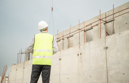 Engineers construction projects inspect and supervise the construction of building walls and foundations of residential buildingsの写真素材