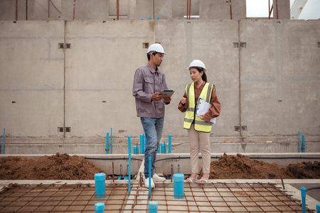 Engineers and architecture inspect and supervise the construction of building walls and foundations of residential buildingsの写真素材