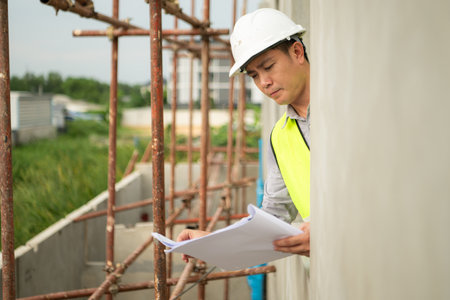 Engineers construction projects inspect and supervise the construction of building walls and foundations of residential buildingsの写真素材