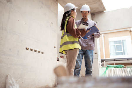Engineers and architecture inspect and supervise the construction of building walls and foundations of residential buildingsの写真素材