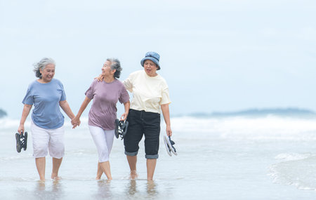 Happy senior women enjoying a playful walk on the beach, laughing and holding hands as they splash...