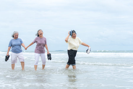 Happy senior women enjoying a playful walk on the beach, laughing and holding hands as they splash...