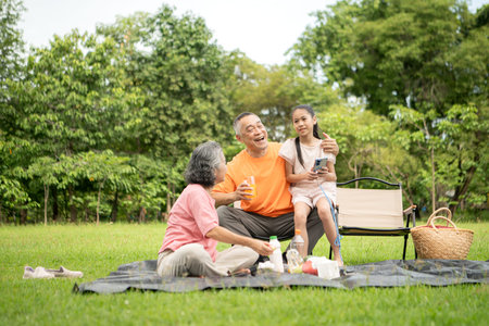 Happy Asian grandparents enjoying a picnic with their granddaughter in a green park, laughing and...