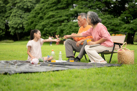 Happy Asian grandparents enjoying a picnic with their granddaughter in a green park, laughing and...