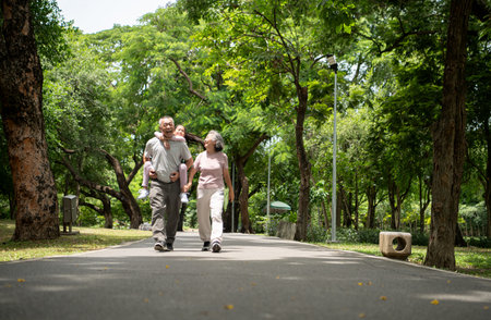 Happy Asian grandparents and granddaughter walking joyfully together in a park, Active multigenerational family having fun outdoors in nature on a sunny dayの写真素材