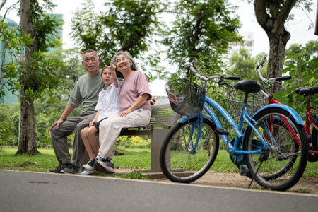 Happy Asian grandparents walking with bicycles alongside their granddaughter in a park, Family...