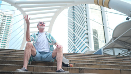 Senior man sitting on the stairs in an urban setting with modern architecture and skyscrapers in the...