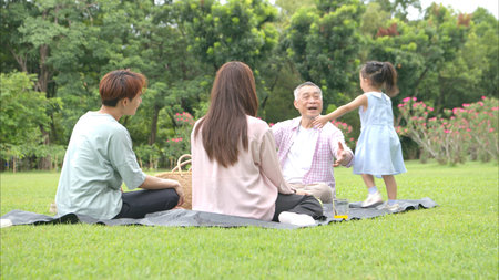 Happy multi generational Asian family enjoying picnic in the park,  Creating joyful outdoor...