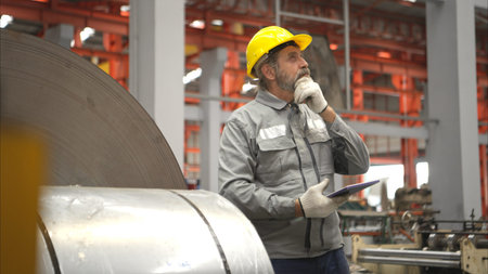 Senior experienced technician checking large machine on a production line at an industrial factory