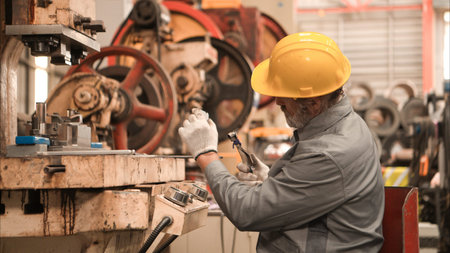 Senior experienced technician checking and maintenance a large machine in metal sheet factory