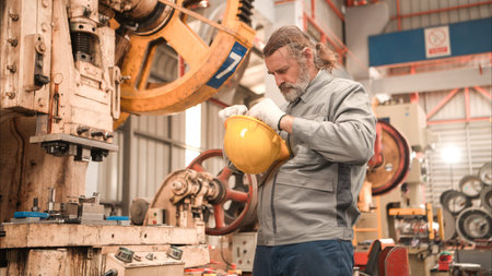 Senior experienced technician checking and maintenance a large machine in metal sheet factory